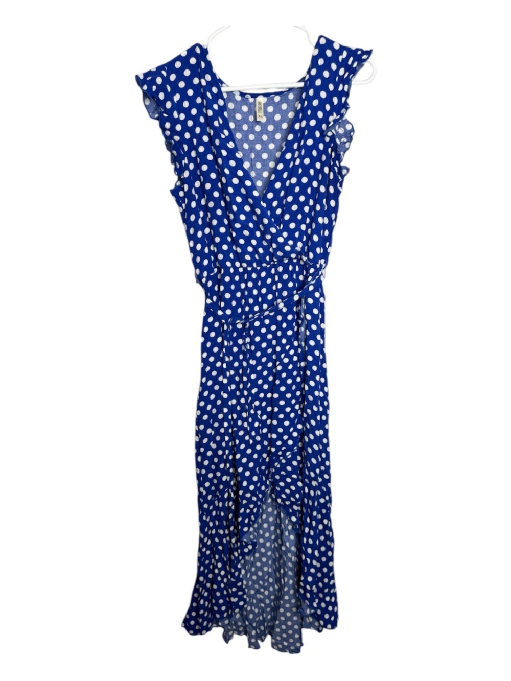 Grecerelle royal blue & white polka dot faux-wrap maxi dress XL high-low hem